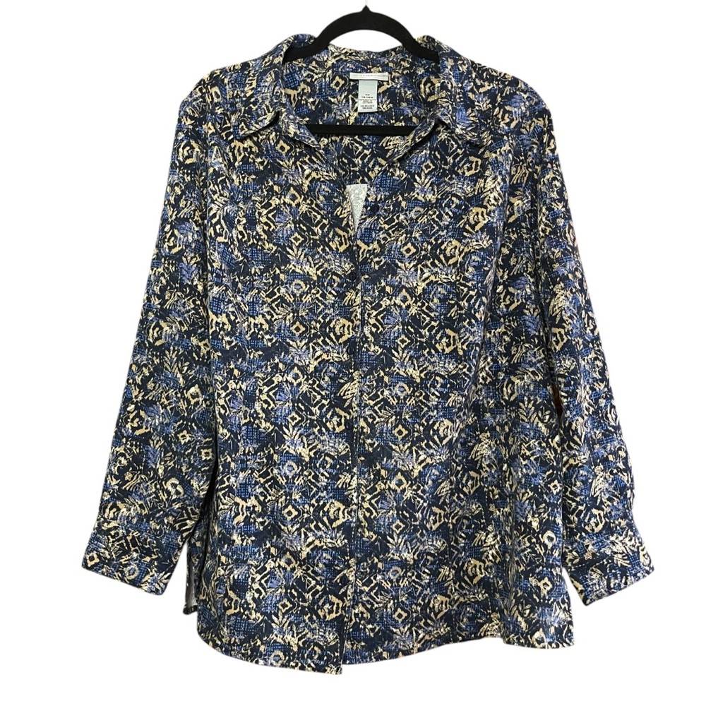 Catherines Blue Tan Abstract Leaf Print Button Down Blouse‎ 14/16W Boho Western* - Picture 2 of 7